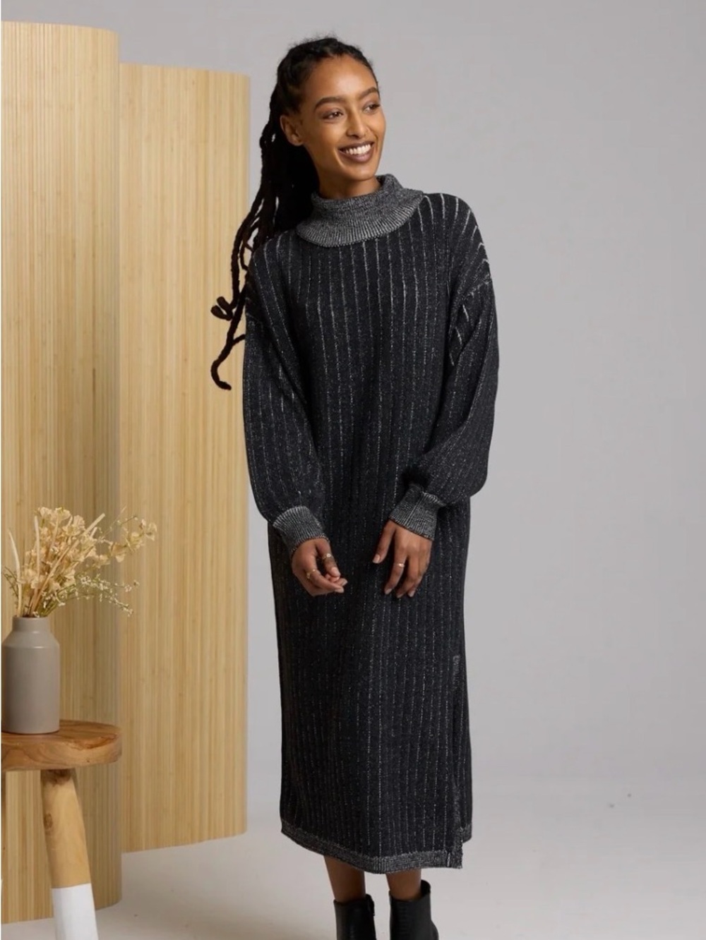 Known Supply Ribbed Knit Midi Dress - 100% Organic Cotton - Black/Pearl - NWT